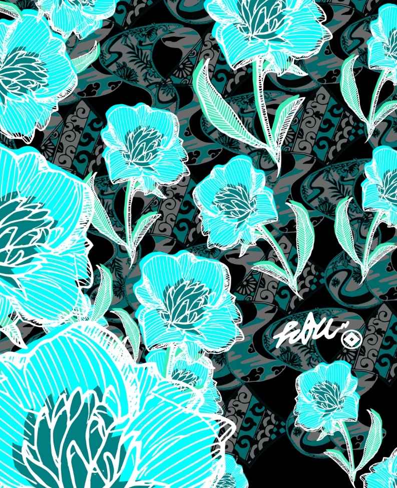 Turquoise floral artwork by Takatoshi Osada